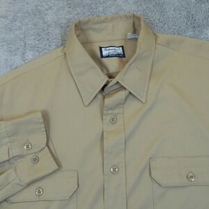 Fieldmaster Perma-Prest Mens XL Tan Button Up‎ Long Sleeve Shirt USA Made Flaws